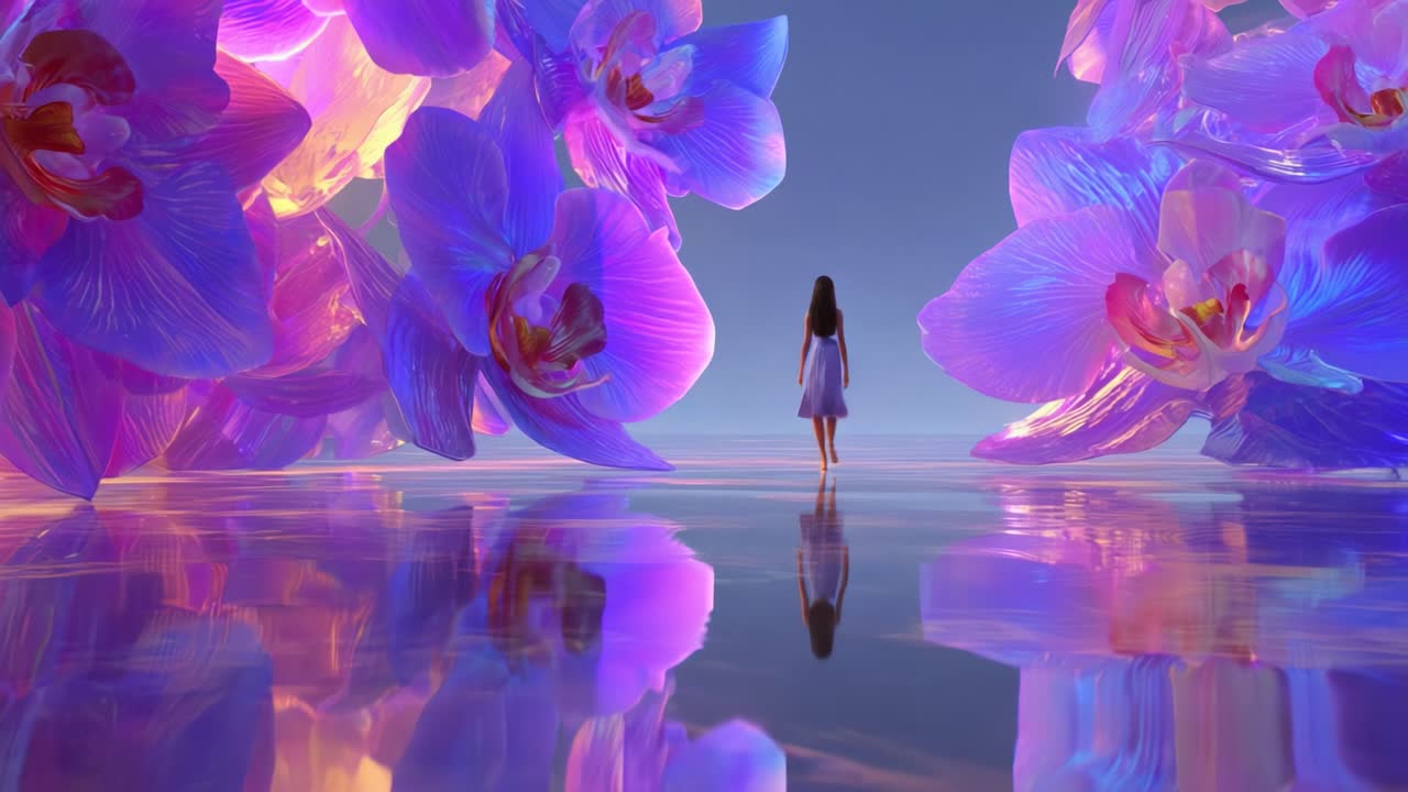 A solitary figure walks through a serene landscape adorned with oversized, vibrant orchids, reflecting beautifully on a tranquil surface, surrounded by nature's vivid colors and enchanting atmosphere