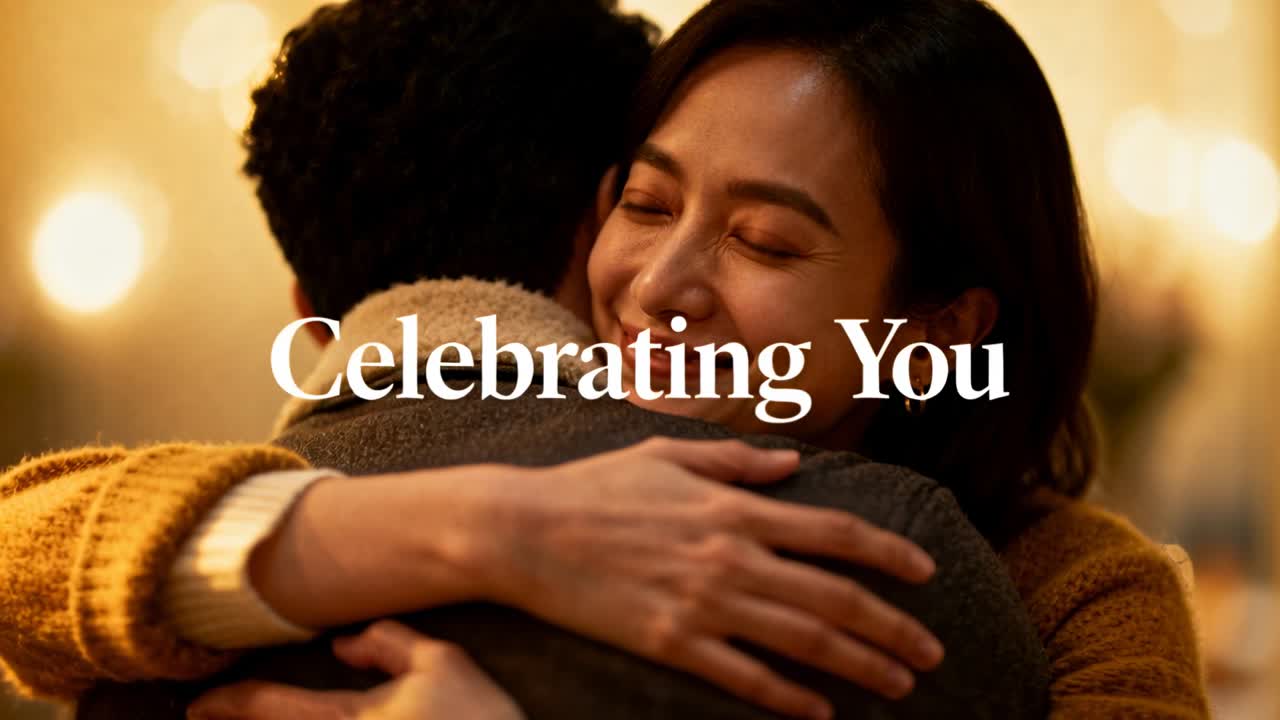 Knuffelende vrouw draagt mosterdgele trui nadat overlay "Celebrating You" verschijnt in warme kamer.