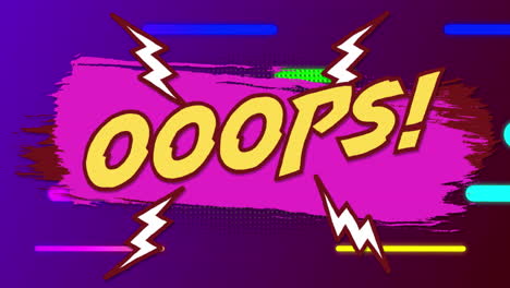 animación de texto ooops sobre líneas de colores sobre fondo púrpura