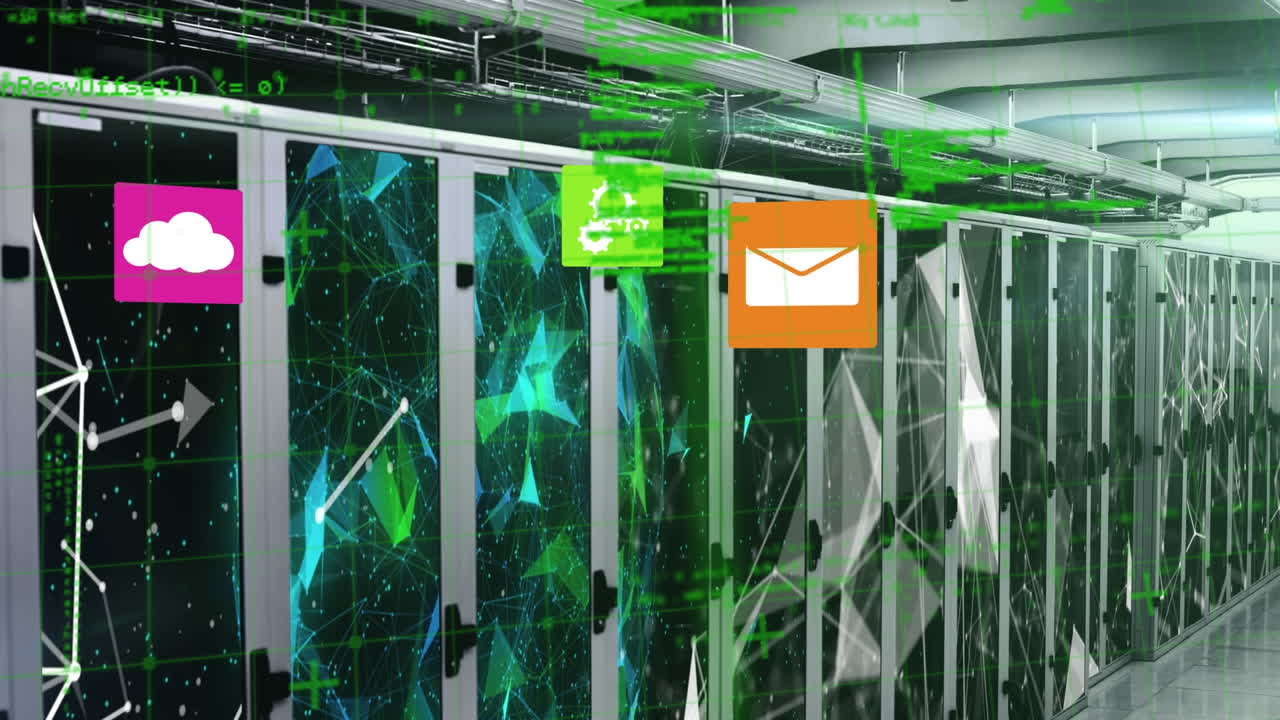 Animation of data processing and icons over server room