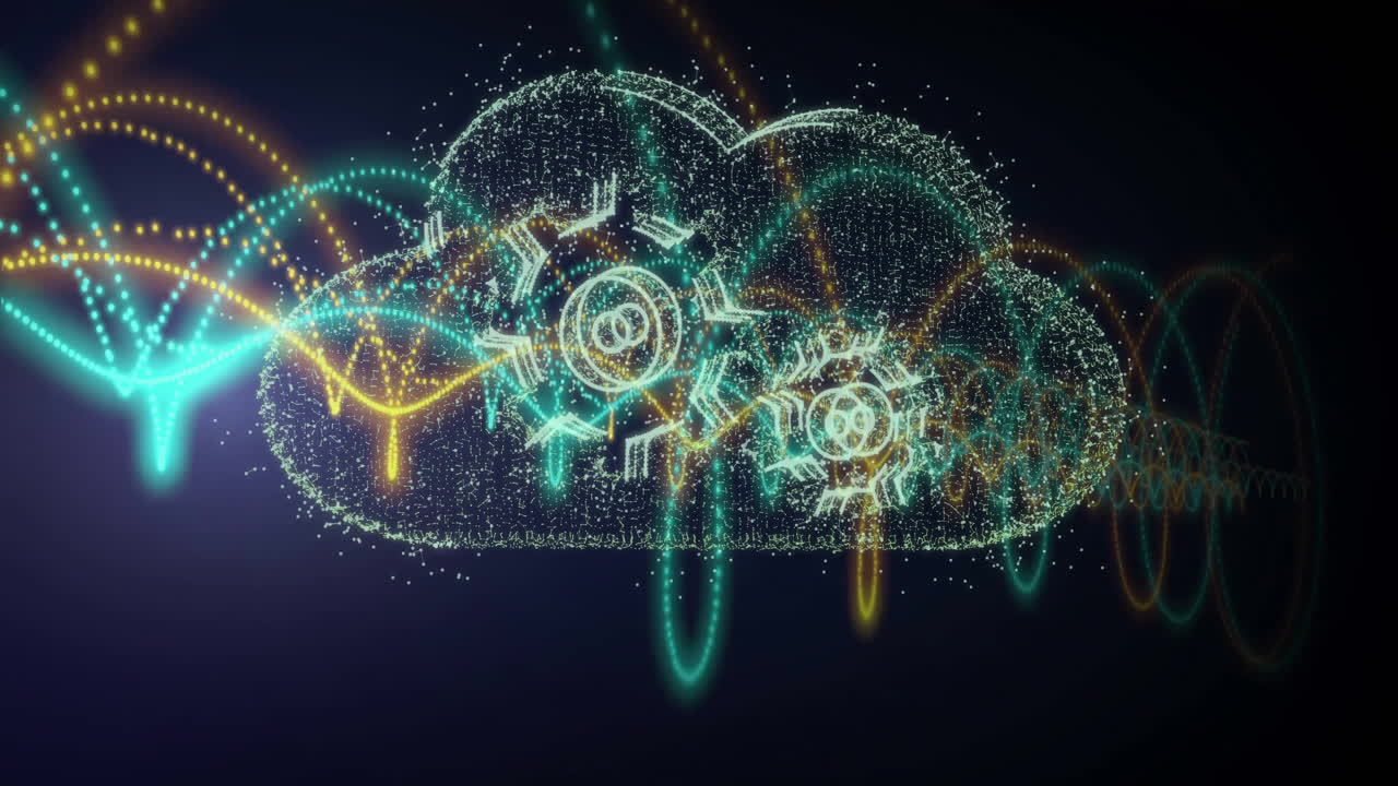 Animation of dna strand, cogs, cloud, light trails and data processing over dark background