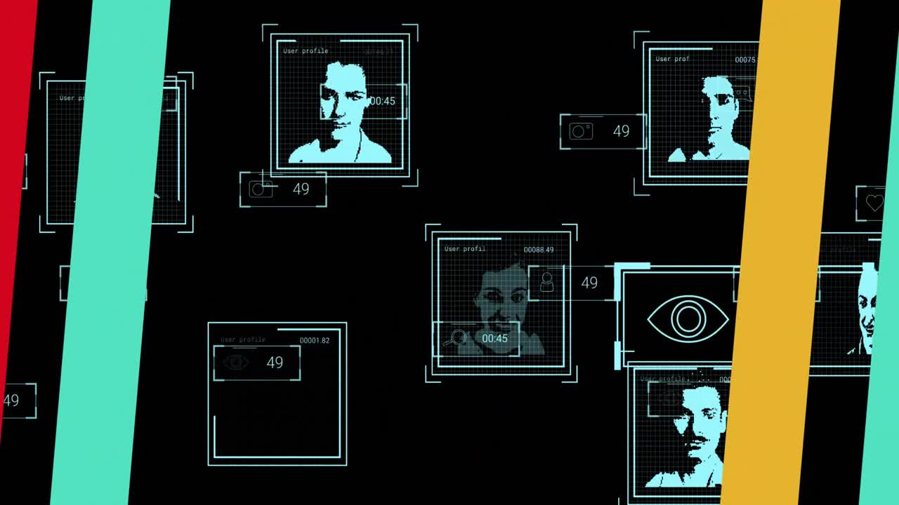 Animation of colorful lines over user photos and reactions on black background