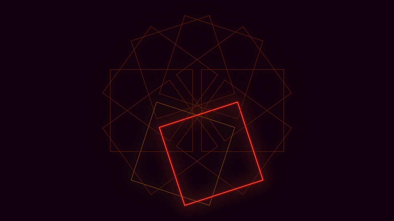 Dynamic abstract footage of glowing neon red squares rotating in a geometric tunnel pattern on a dark background, ideal as a futuristic tech background, intro, or overlay for modern video projects