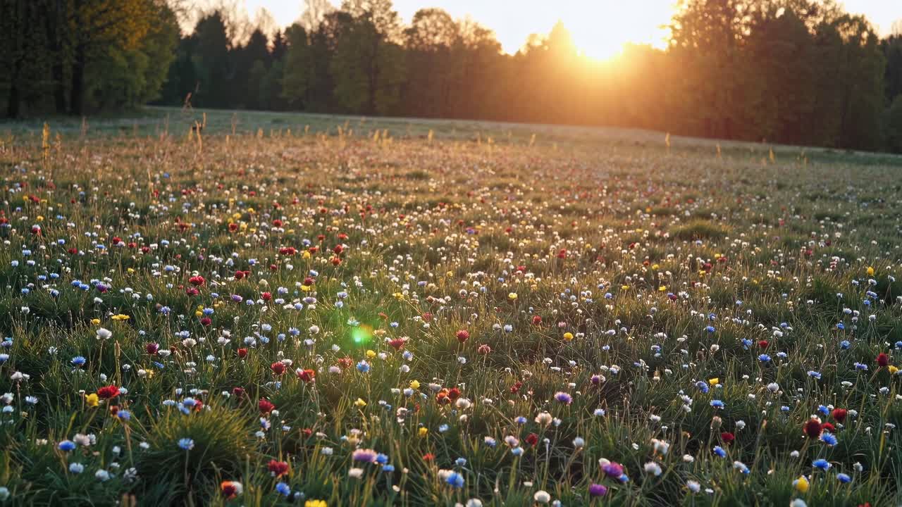 Golden sunlight bathing verdant meadow, wildflowers swaying gently with vibrant blossoms spreading across lush landscape during peaceful springtime morning
