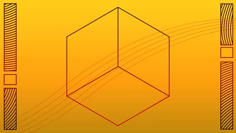 digital animation of lines and abstract shapes moving over cubical shape against yellow background