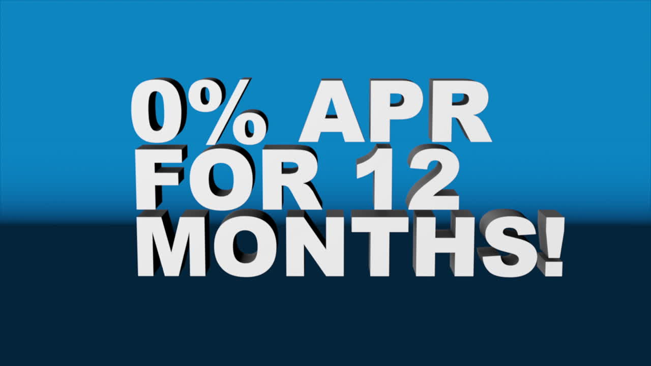 A 3D graphic rendered with Cinema 4D, of white 3D text &amp;quot;0% APR FOR 12 MONTHS
