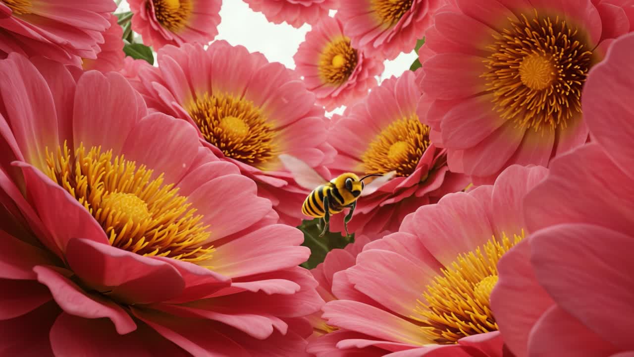 A Vibrant Scene of Bees Busy Pollinating Beautiful Pink Flowers, Showcasing the Harmony of Nature in a Colorful Floral Landscape