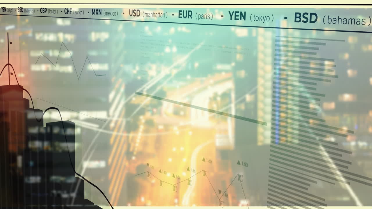 Cityscape with financial data and currency exchange rates animation overlaying graphs