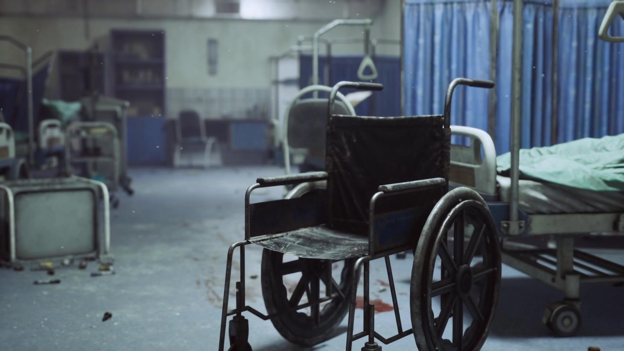 Area ospedaliera deserta, stanza d'ospedale abbandonata e silenziosa con polvere e detriti