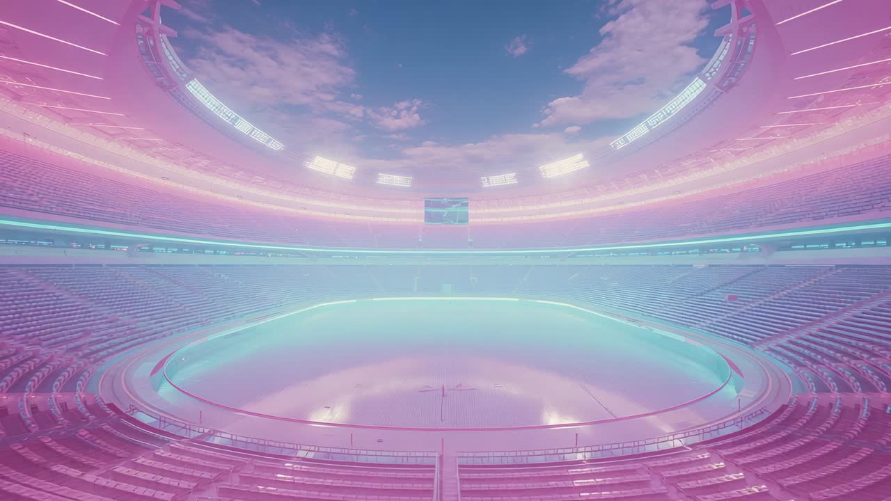 Opening shot showing open-roof stadium with empty tiered seating, glowing floor, LEDs, scoreboard