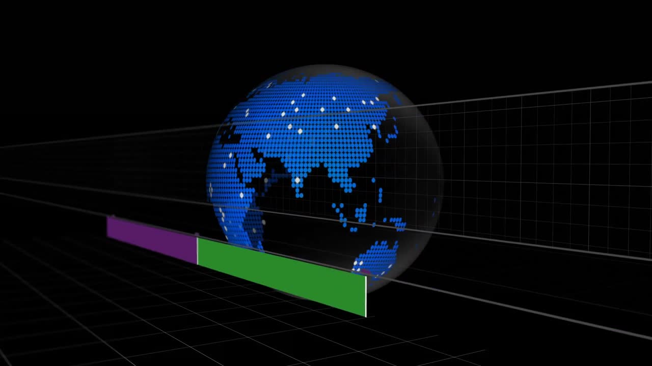 검은 바탕에 회전하는 3차원 지구상에서 움직이는 기하학적 모양의 애니메이션