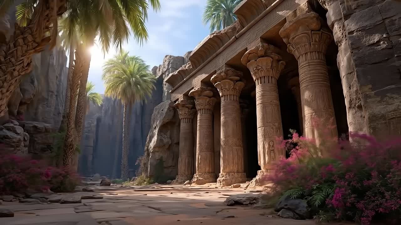 A large stone building with columns and palm trees in the background
