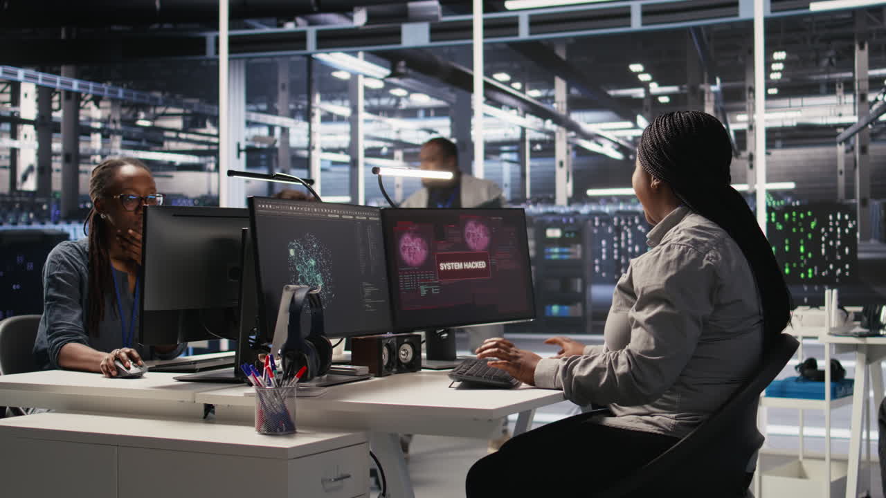 Vertical video Scared data center technicians reacting to virus warning on PC display, running