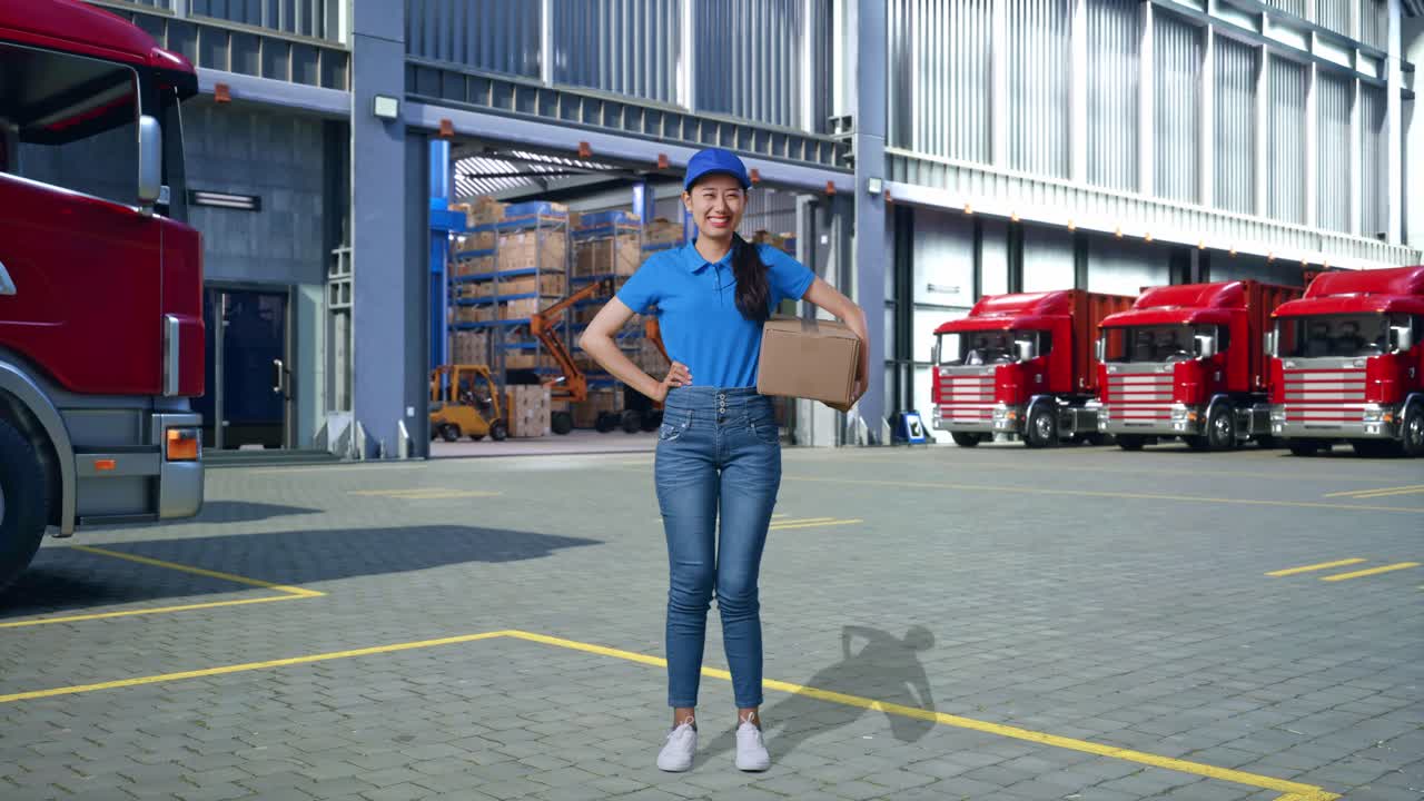 Corriere asiatica in uniforme blu a figura intera, con la mano sul fianco e sorridente mentre consegna un cartone fuori dal magazzino, in posa orgogliosa