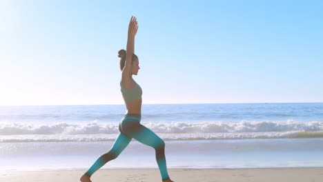 animation of caucasian woman practicing yoga at beach over sea