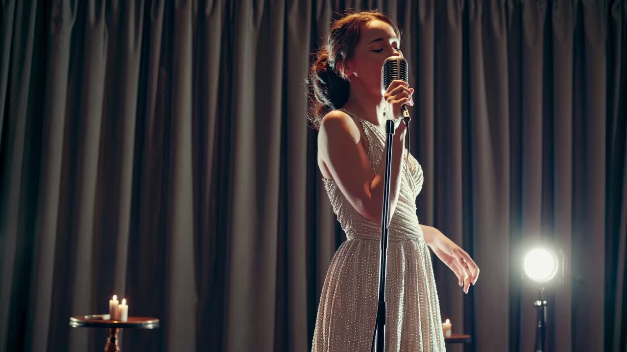 A vintage-style video captures a singer in an elegant dress performing on stage