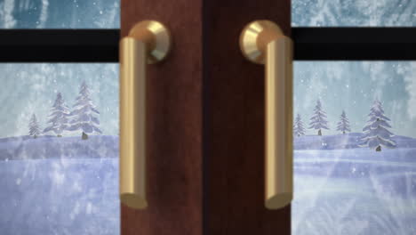 animation of christmas tree and window opening against snow falling over winter landscape