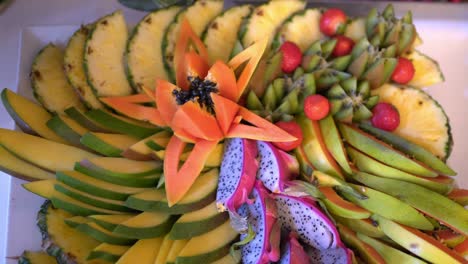 different fresh fruits on wedding buffet table.