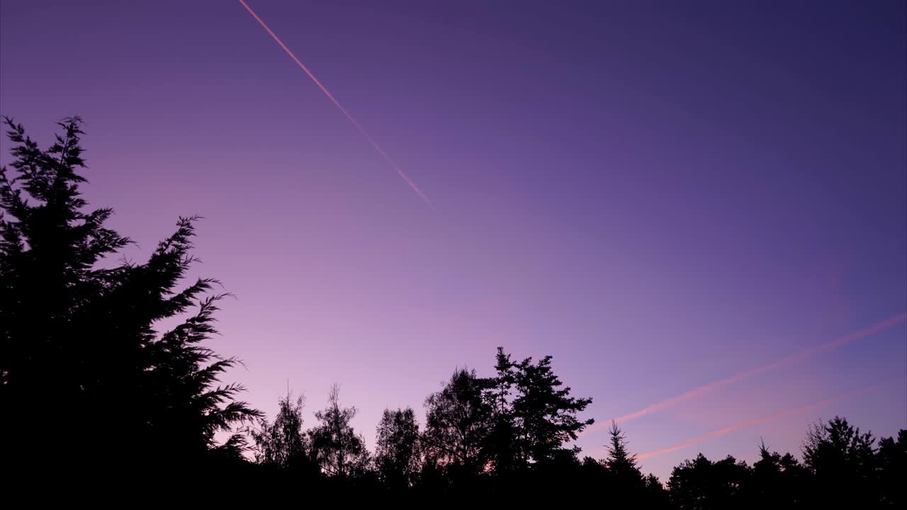 4k timelapse purple clouds on morning over autumn trees, pattern of airplane trails of condensed air on sky