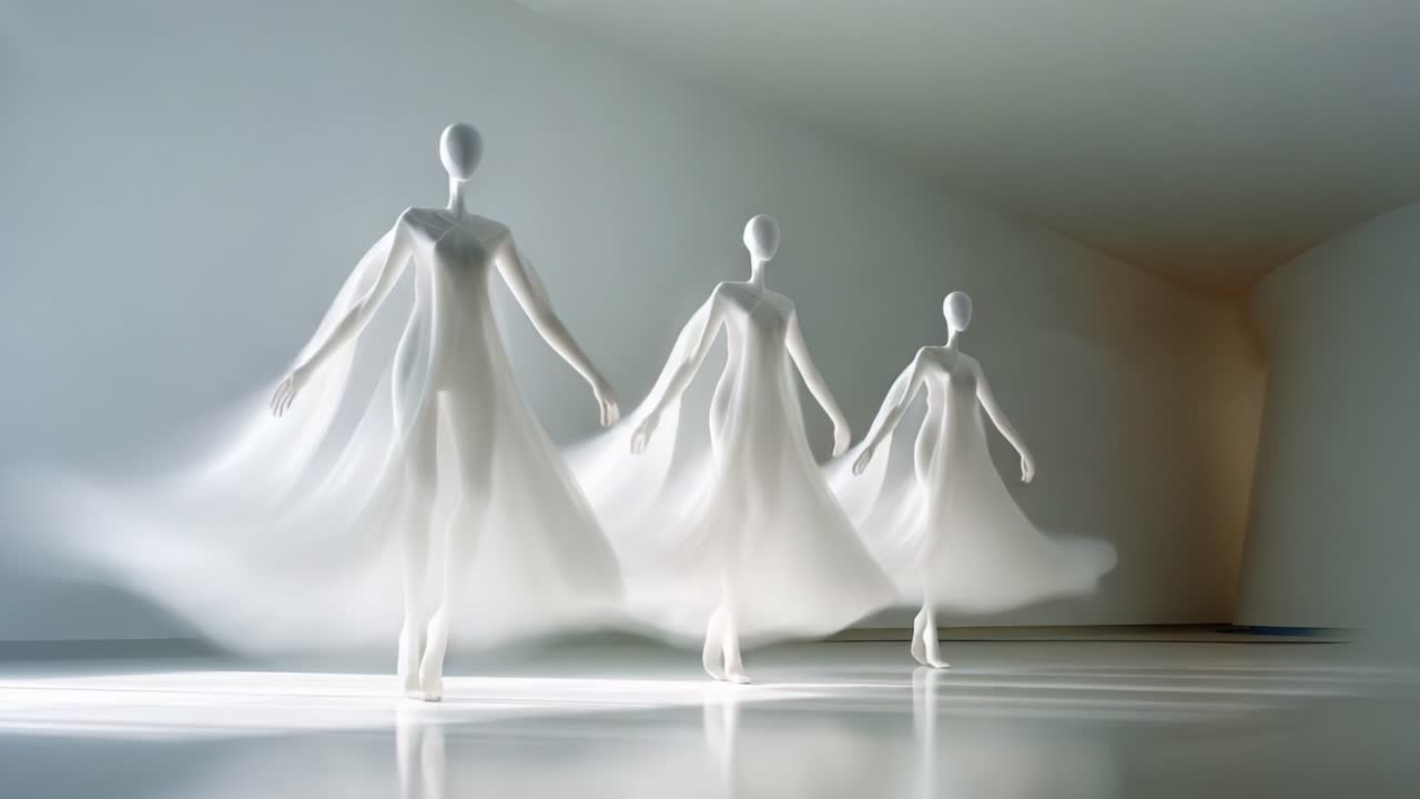 Ethereal Dance: Three Elegantly Draped Figures Gracefully Move Through a Minimalist Space, Their Flowing Garments Creating a Dreamy, Weightless Atmosphere of Motion and Grace