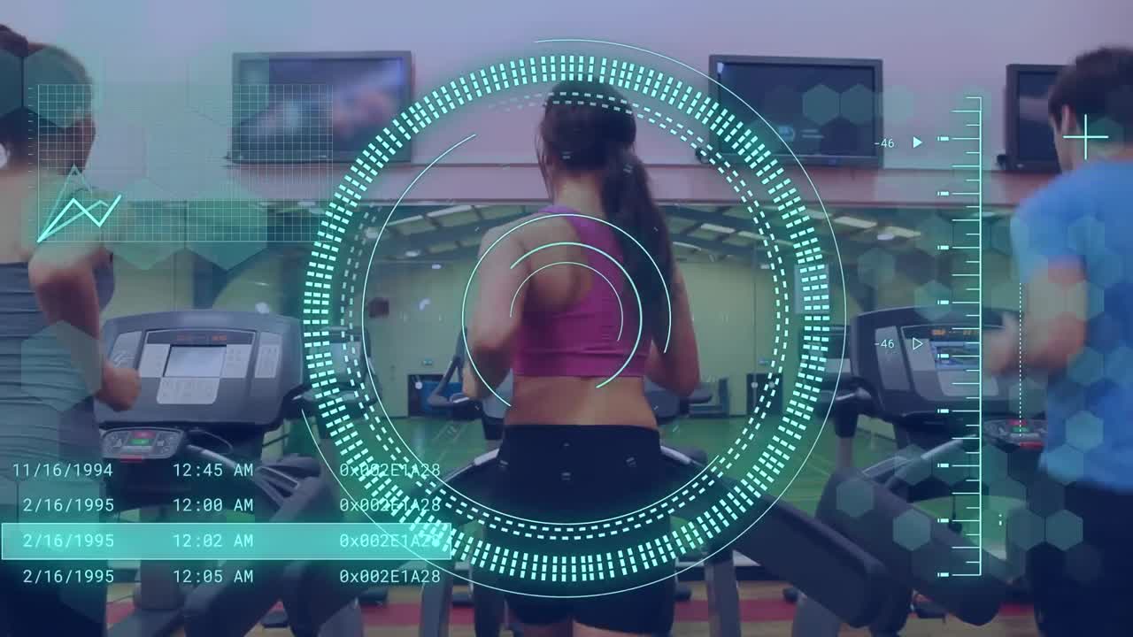 animación de escaneo de alcance y procesamiento de datos sobre personas caucásicas en el gimnasio