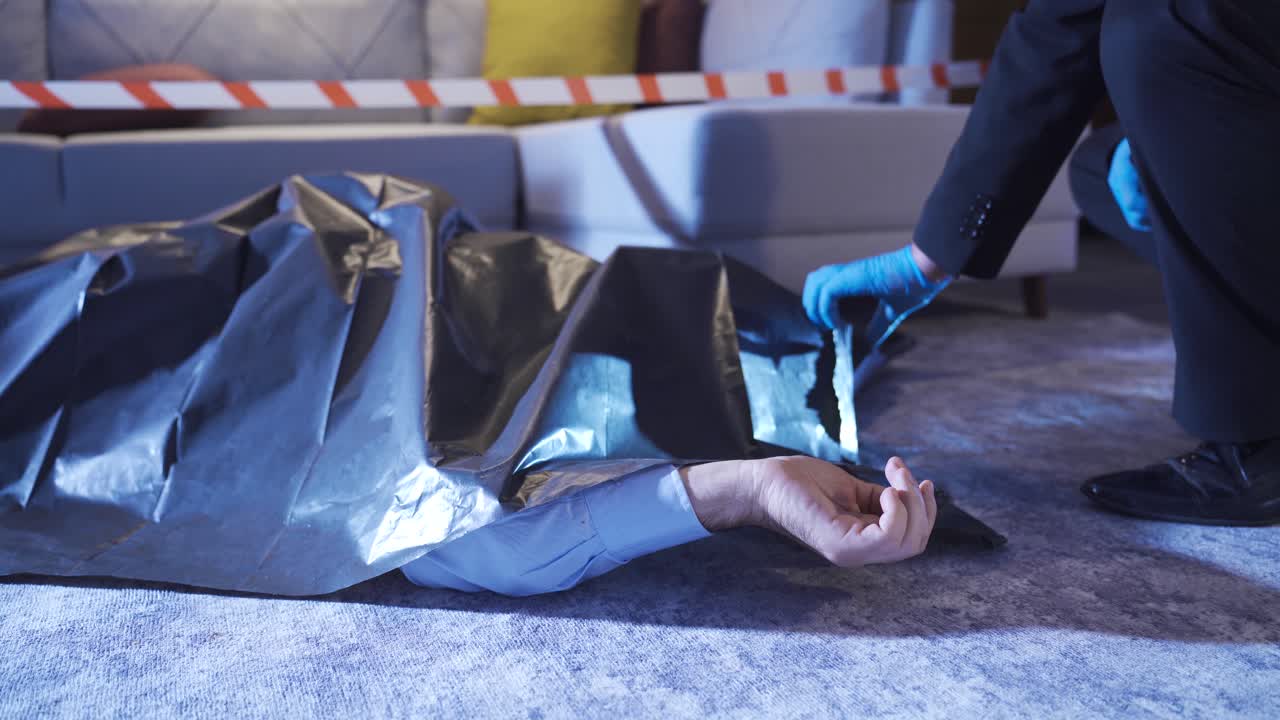 Detective looking at body bag at crime scene. Forensic investigation.