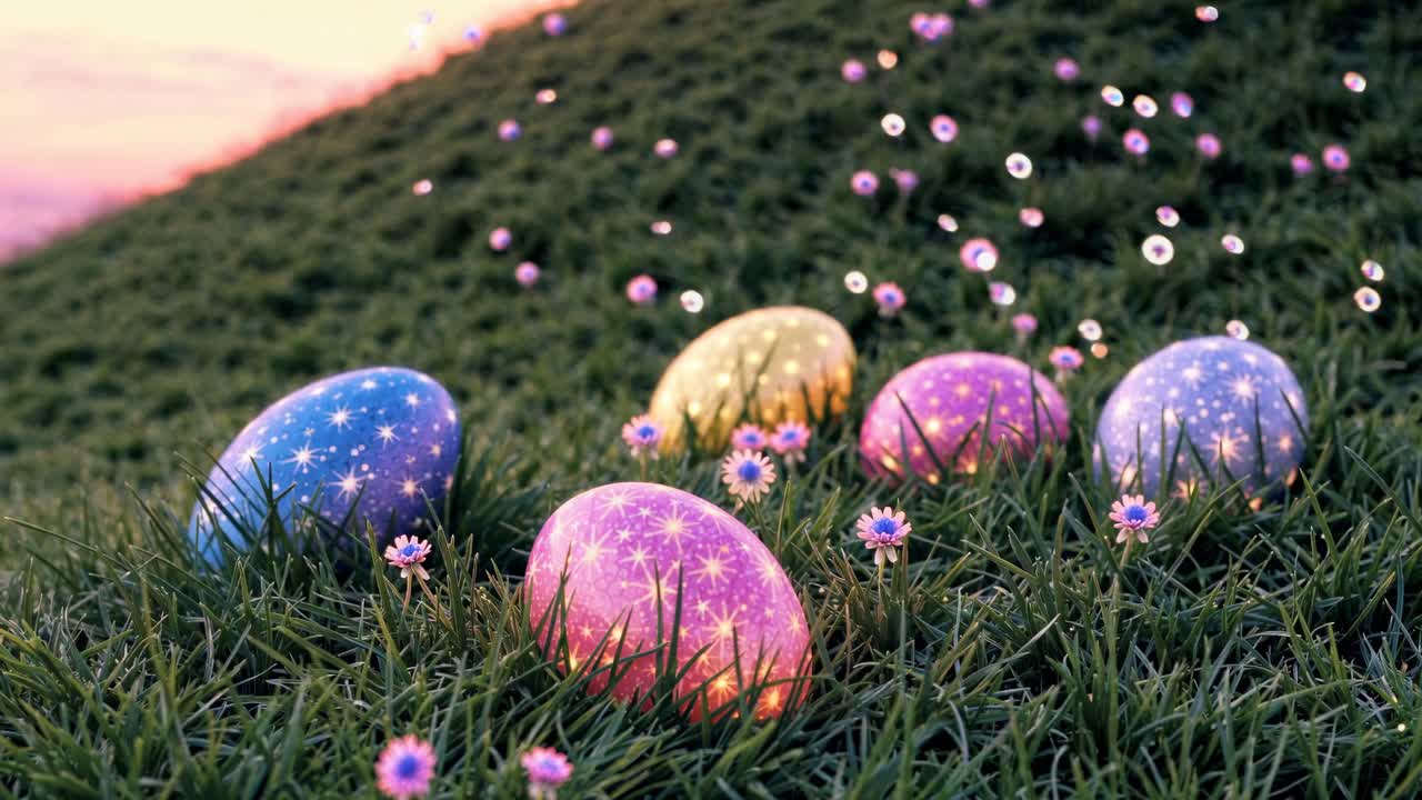 Magical Easter eggs sparkle on a grassy hill at sunset