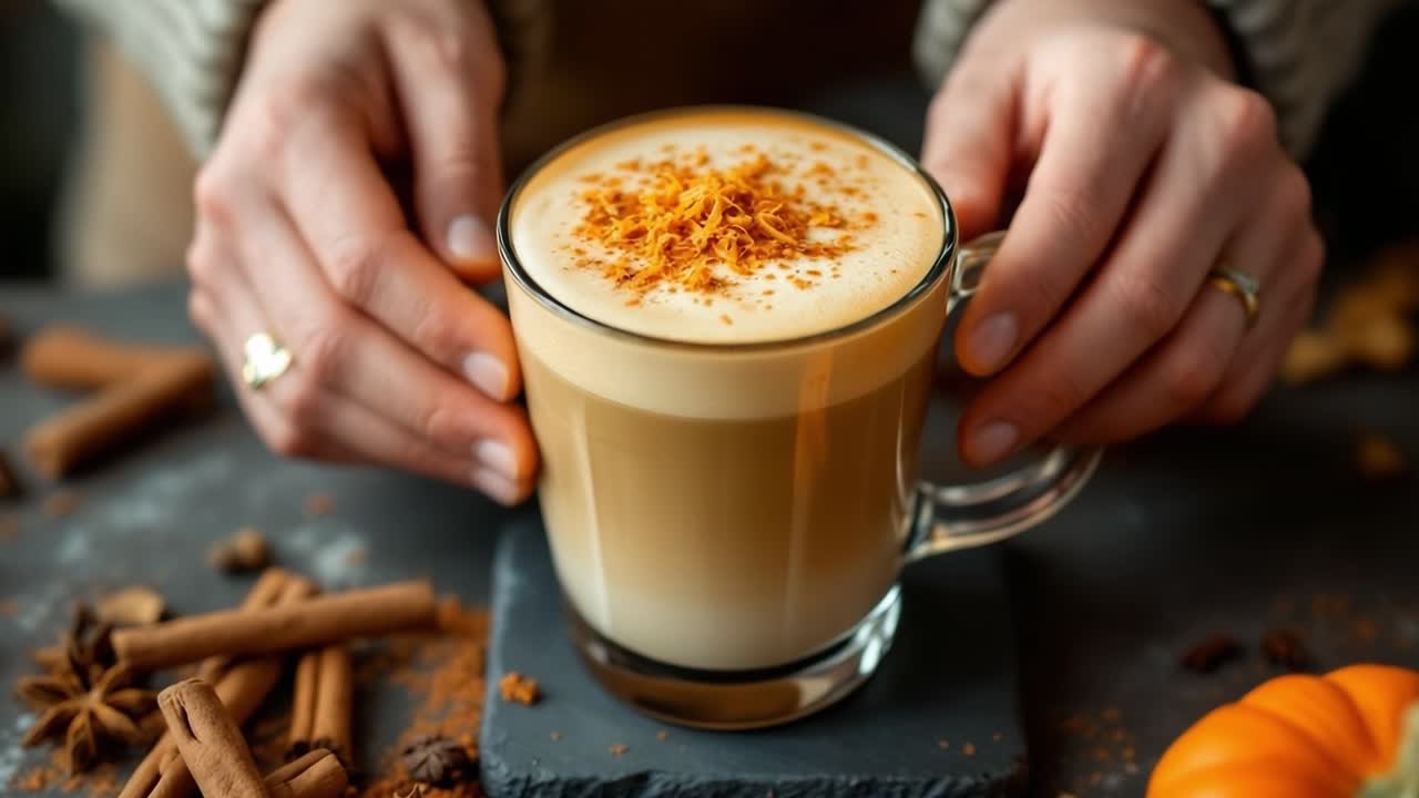 Warm latte in a clear glass, topped with spices and cinnamon, is being held gently on a rustic table adorned with autumn decor, including pumpkin and scattered cinnamon sticks, creating a cozy atmosphere