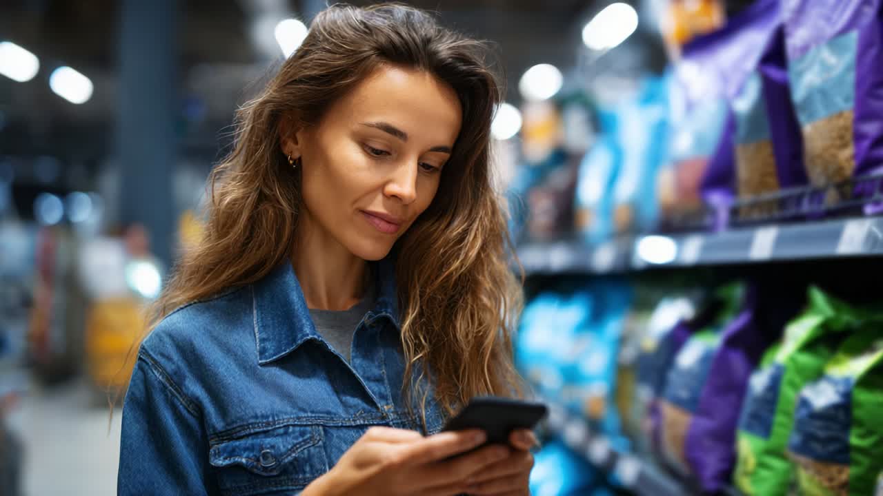 A thoughtful woman with long hair stands in a colorful grocery aisle, engrossed in her smartphone. Surrounded by bags of products, she carefully navigates her shopping experience, reflecting modern consumer habits