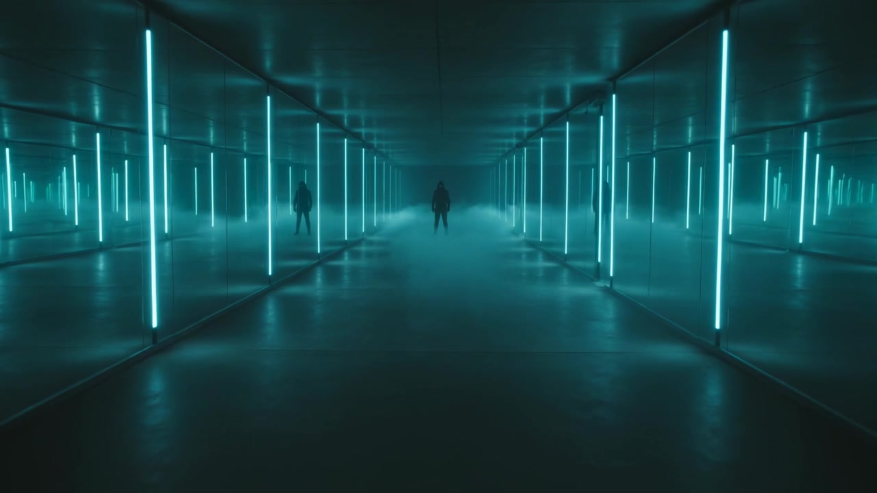 Stående hætteklædt figur ser på spejlkorridor, mens en anden figur dukker op og bevæger sig midt i cyan tåge.