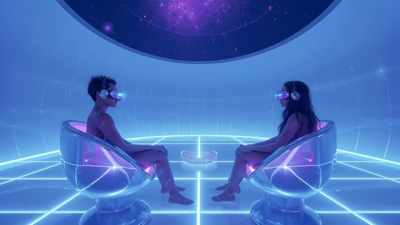 Пара в футуристических костюмах и VR-гарнитурах начинает сеанс, просматривая звездное небо в креслах-капсулах