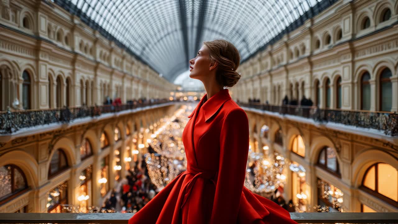 A Graceful Woman in Red Stands Against a Beautifully Decorated Mall. The Elegant Architecture and Festive Lights Create a Stunning Backdrop for a Memorable Scenery