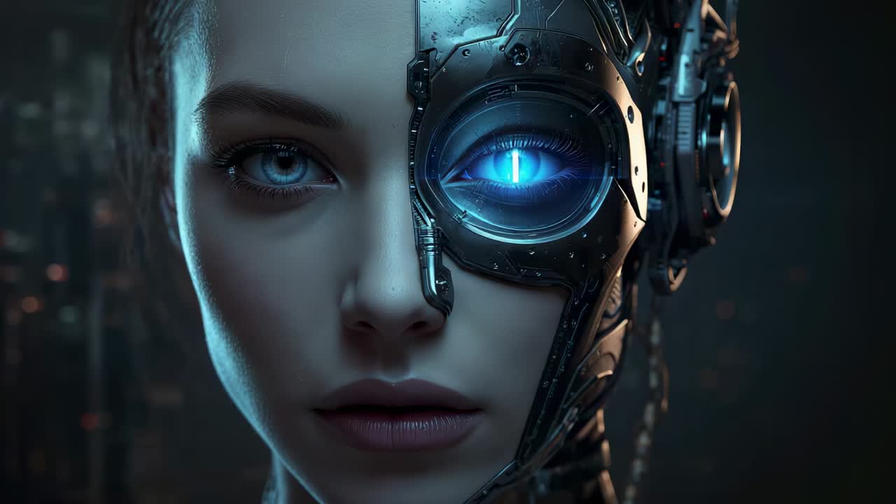 Telecamera con zoom che si allontana dal volto di un cyborg femminile in un laboratorio, rivelando placche metalliche e circuiti