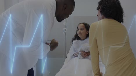 animation of data processing over african american male doctor with girl patient