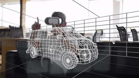animazione di un disegno digitale 3d di un'auto sopra un uomo utilizzando un auricolare vr