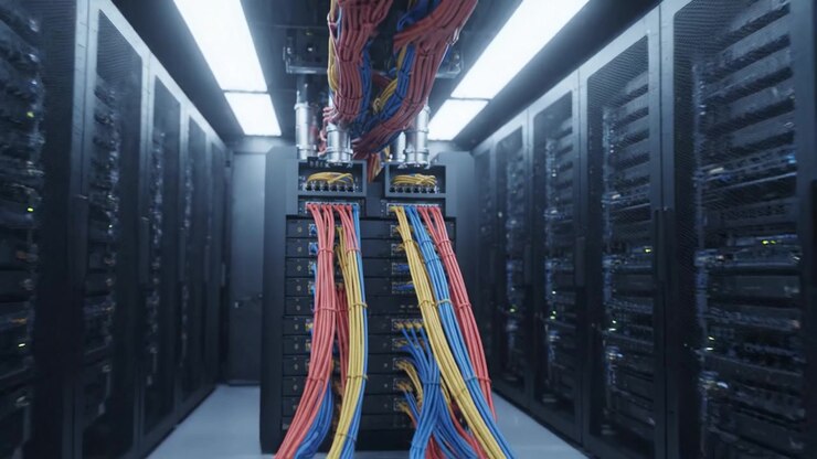 Infrastruttura avanzata di data center con PDU organizzate e cablaggio codificato a colori in un moderno ambiente di sala server per prestazioni ed efficienza ottimizzate
