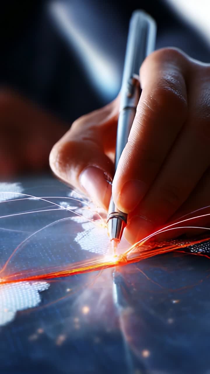 A Close-Up of a Hand Holding a Pen, Creating Illuminated Connections on a Digital Map, Emphasizing Innovations in Technology and Global Networking