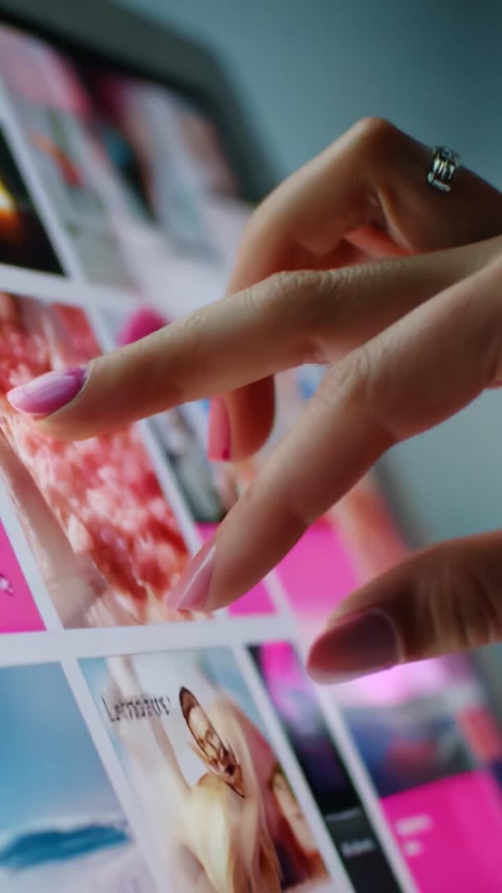 Primo piano di una mano con un dispositivo touchscreen, che mostra l'uso della tecnologia basata sui gesti in un ambiente digitale ricco di immagini colorate.