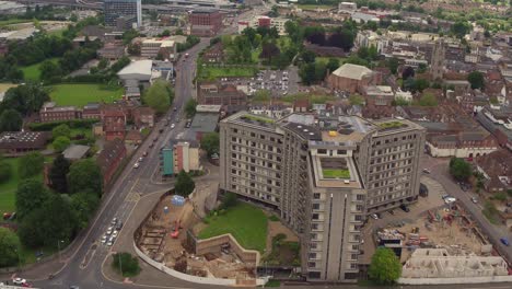 Aerial-GV-of-Ashford-Town-located-in-the-weald-of-Kent,-UK