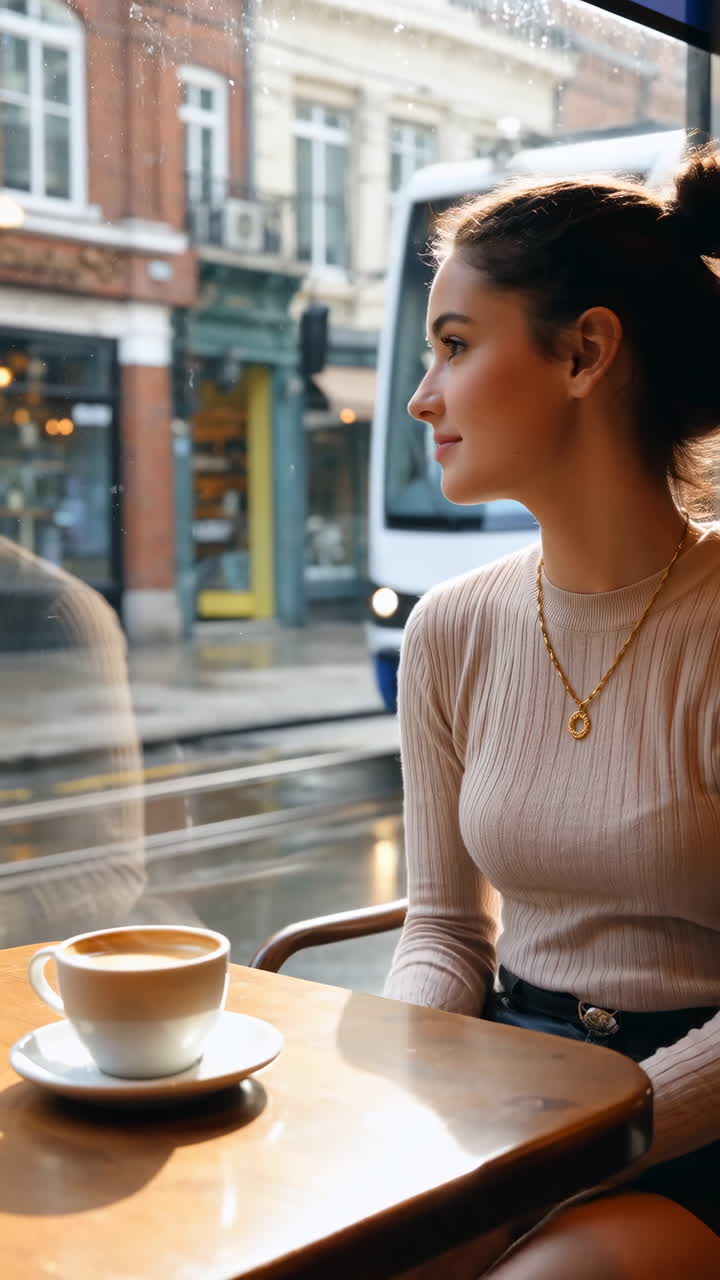 Woman at a cafe drinking coffee and looking out the window at a city street with a tram