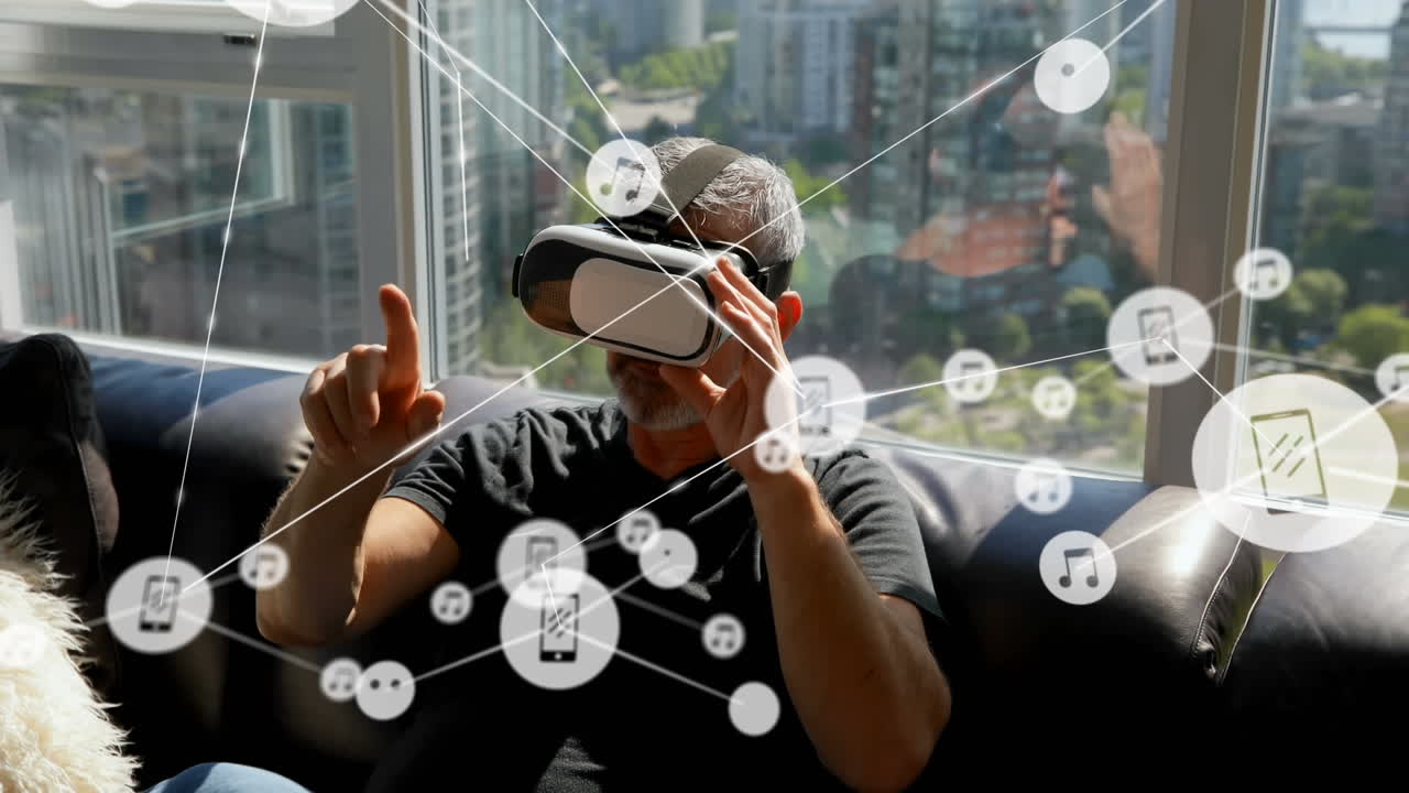 vr 헤드 ⁇ 을 착용한 사람 위에 아이콘으로 연결된 네트워크의 애니메이션