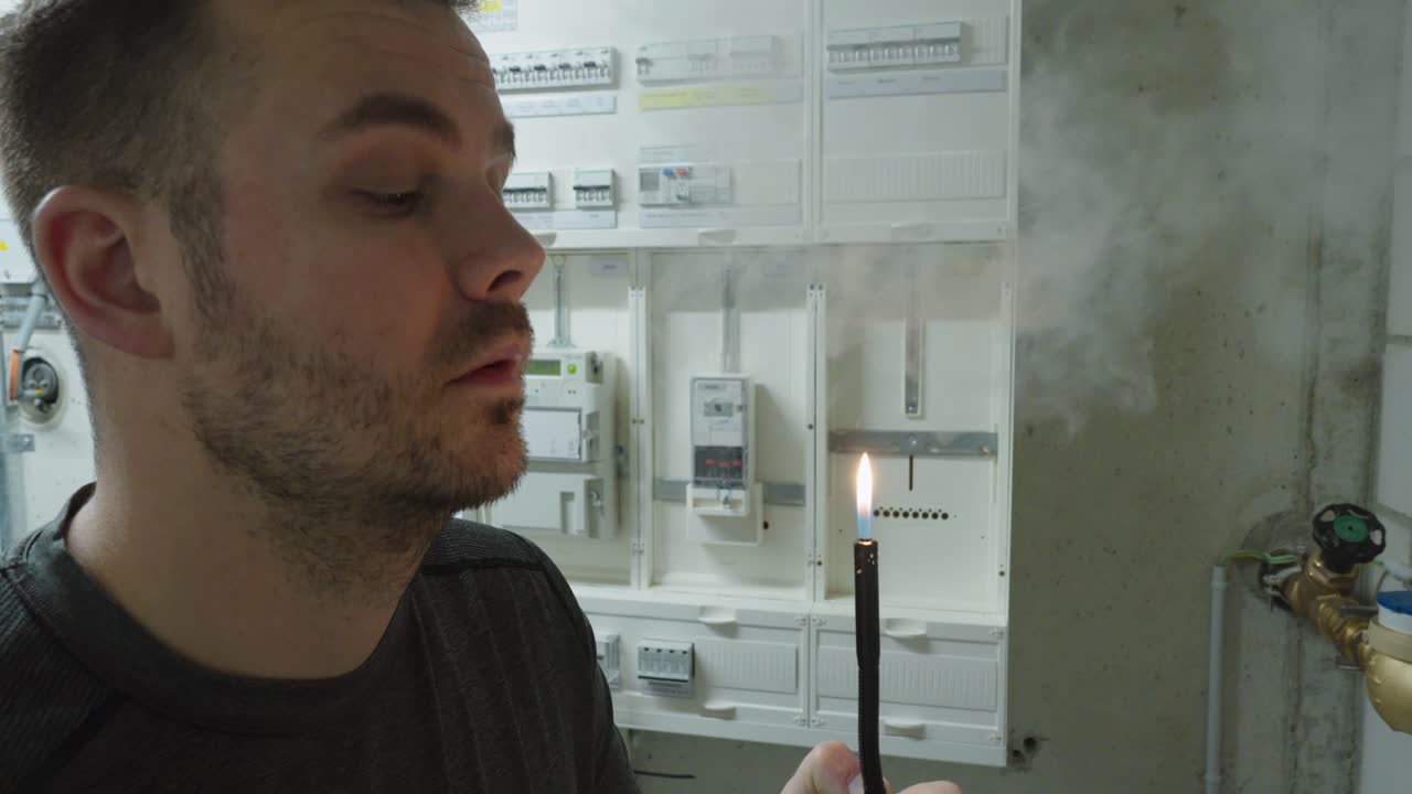 Close-up of a man exhaling smoke near an open flame inside a technical or utility room, highlighting dangerous behavior, fire risk and workplace safety hazards
