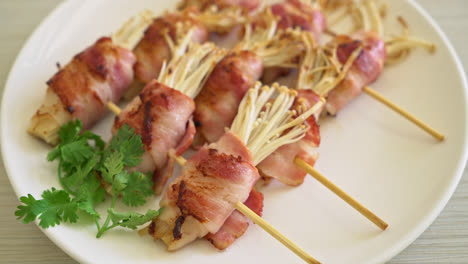 bacon wrapped golden needle mushroom skewers