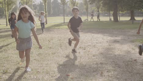 cheerful multiethnic children running together in the park