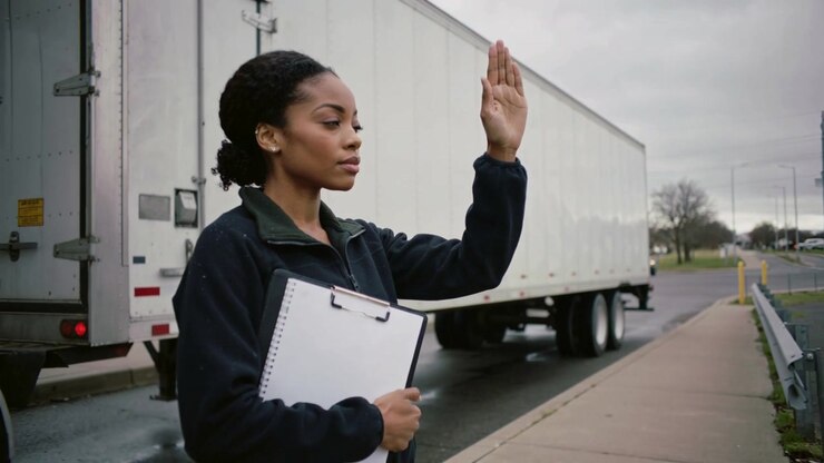 Seeing truck, woman in dark jacket raising right arm, signaling by white trailer with clipboard