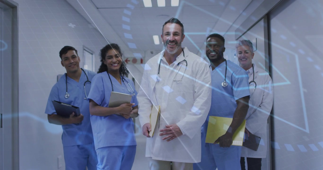 Médico-chefe caminhando, liderando a equipe médica pelo corredor para as rondas, com uma sobreposição de circuito abrangendo o grupo.