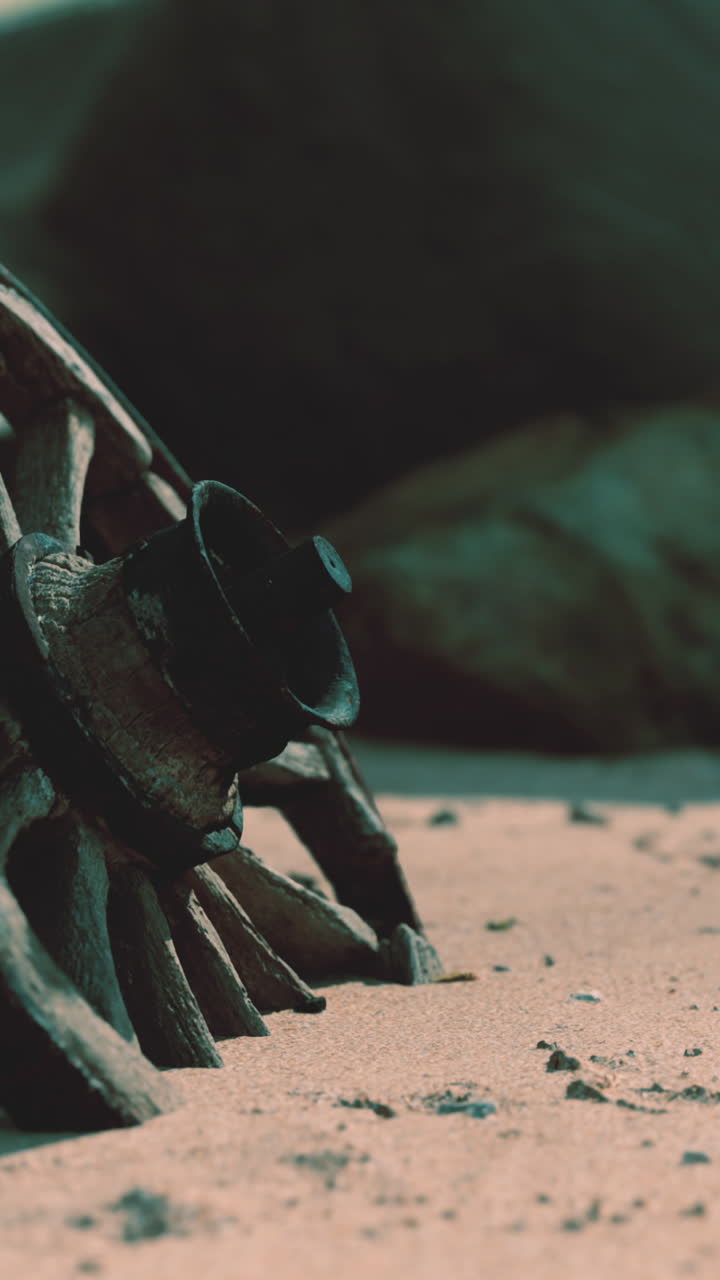 Close-up of an old wooden wheel on a sandy beach