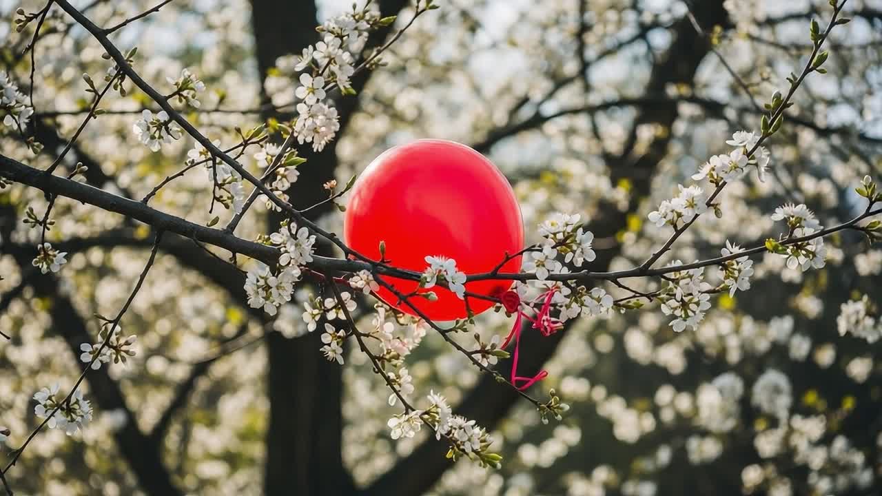 A Vibrant Red Balloon Nestled Among Blossoming White Flowers in a Scenic Spring Landscape, Capturing the Essence of Joy and Renewal in Nature's Beauty
