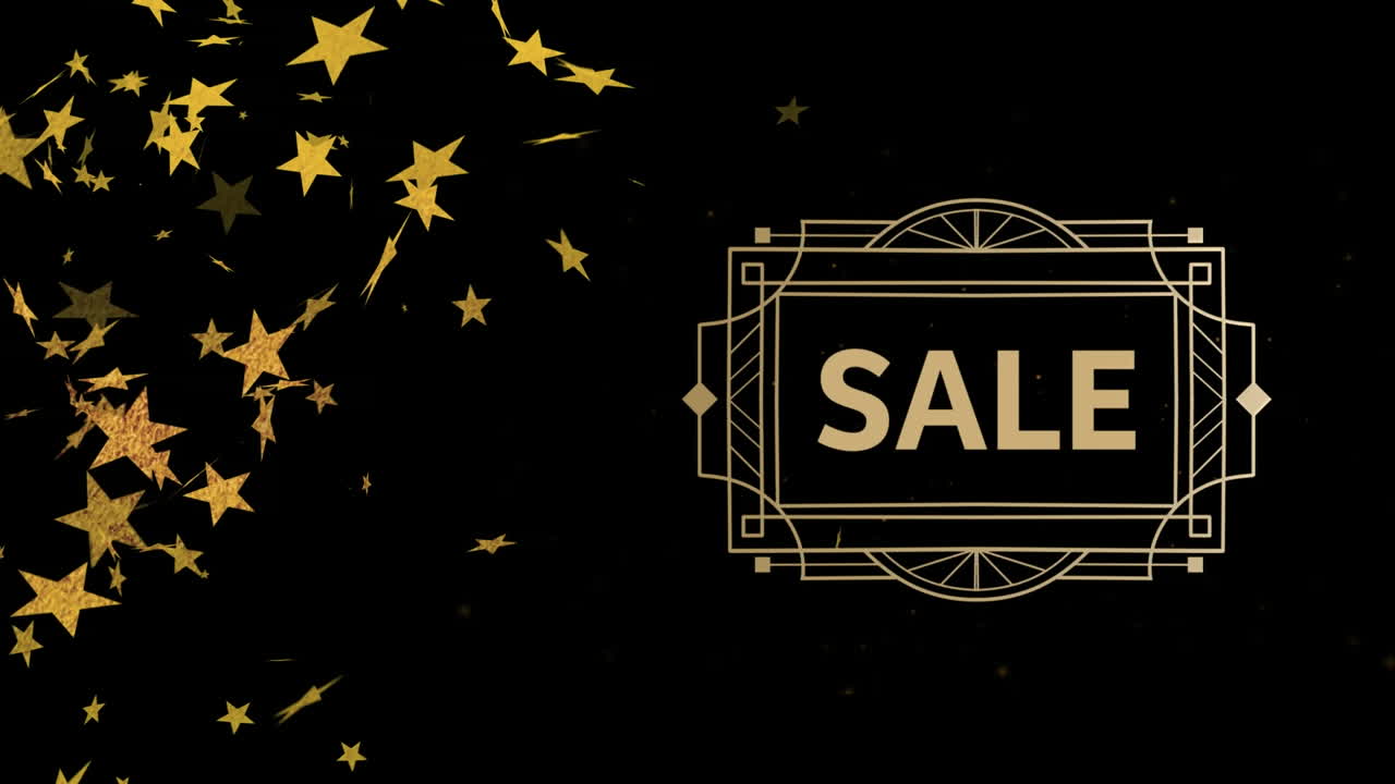 검은색 배경에 판매 텍스트와 별의 애니메이션