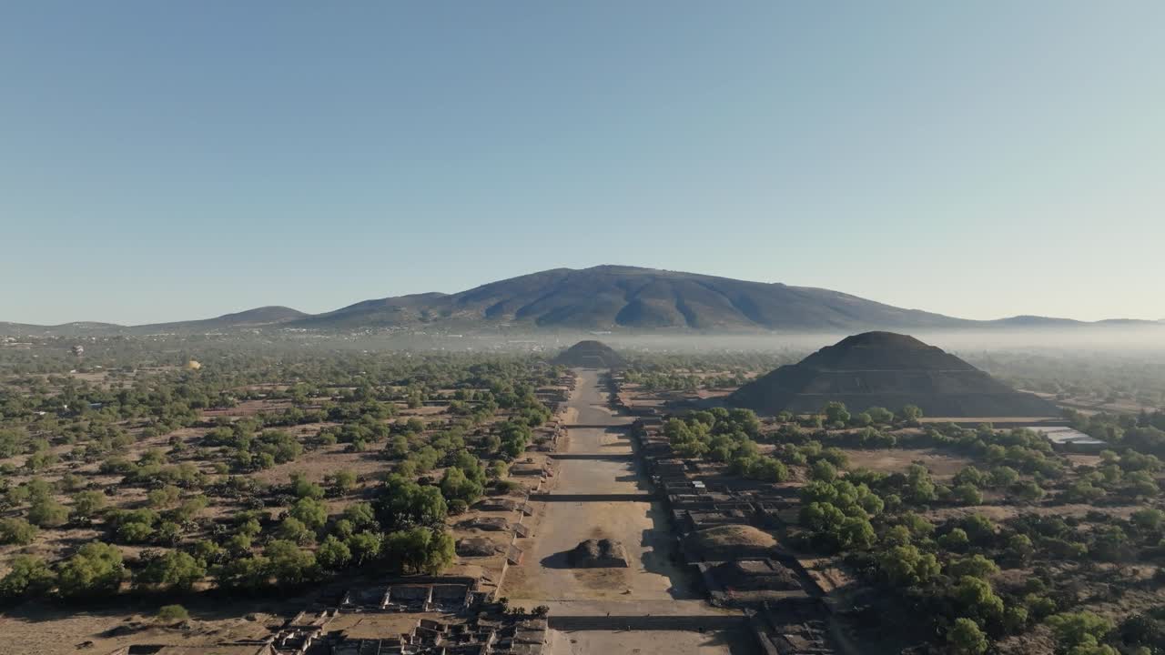 Amazing Shot Of Teotihuacan City of Gods, Aztec Pyramids, Hot Air Balloons Filling Blue Sky, Mexico